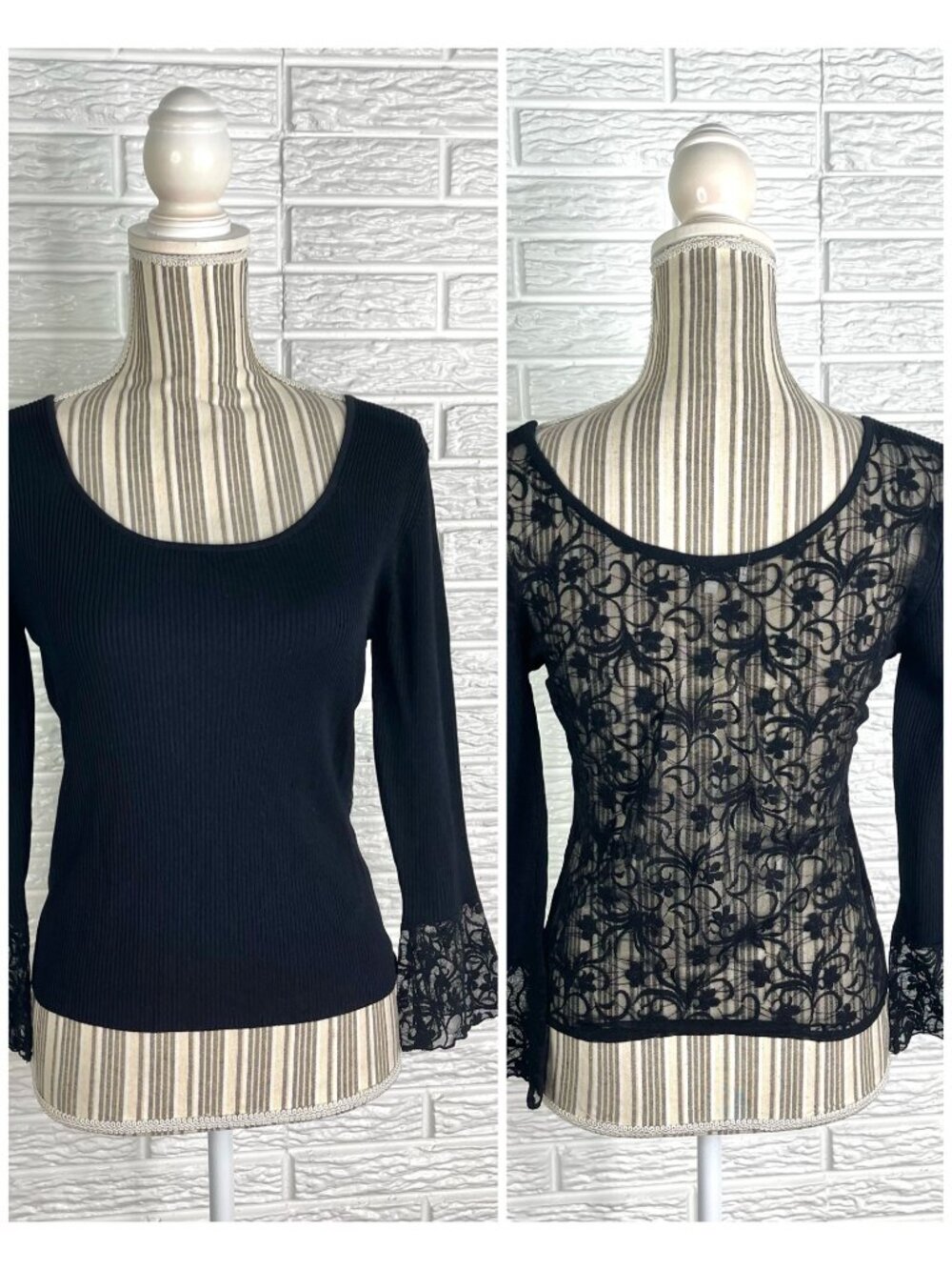 Elisa Landri Black Ribbed Top With Sheer Lace Back and Cuffs Size Large
